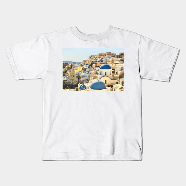 Santorini Blue Domed Churches Kids T-Shirt by GrahamPrentice